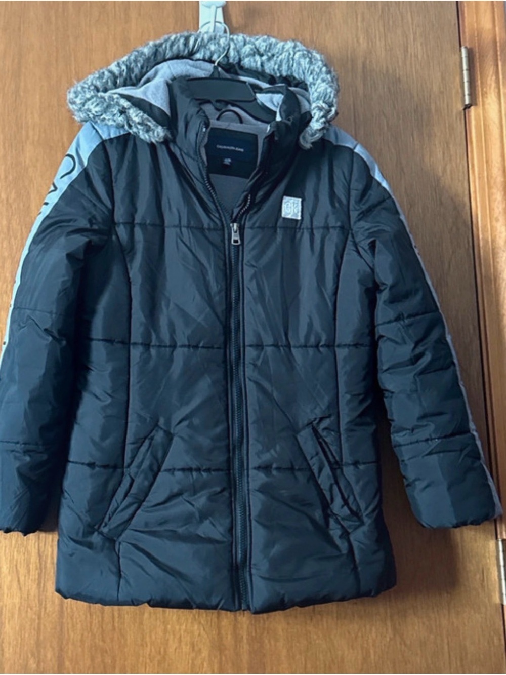 Calvin Klein Jeans Black Puffer Coat with Faux Fur Hood